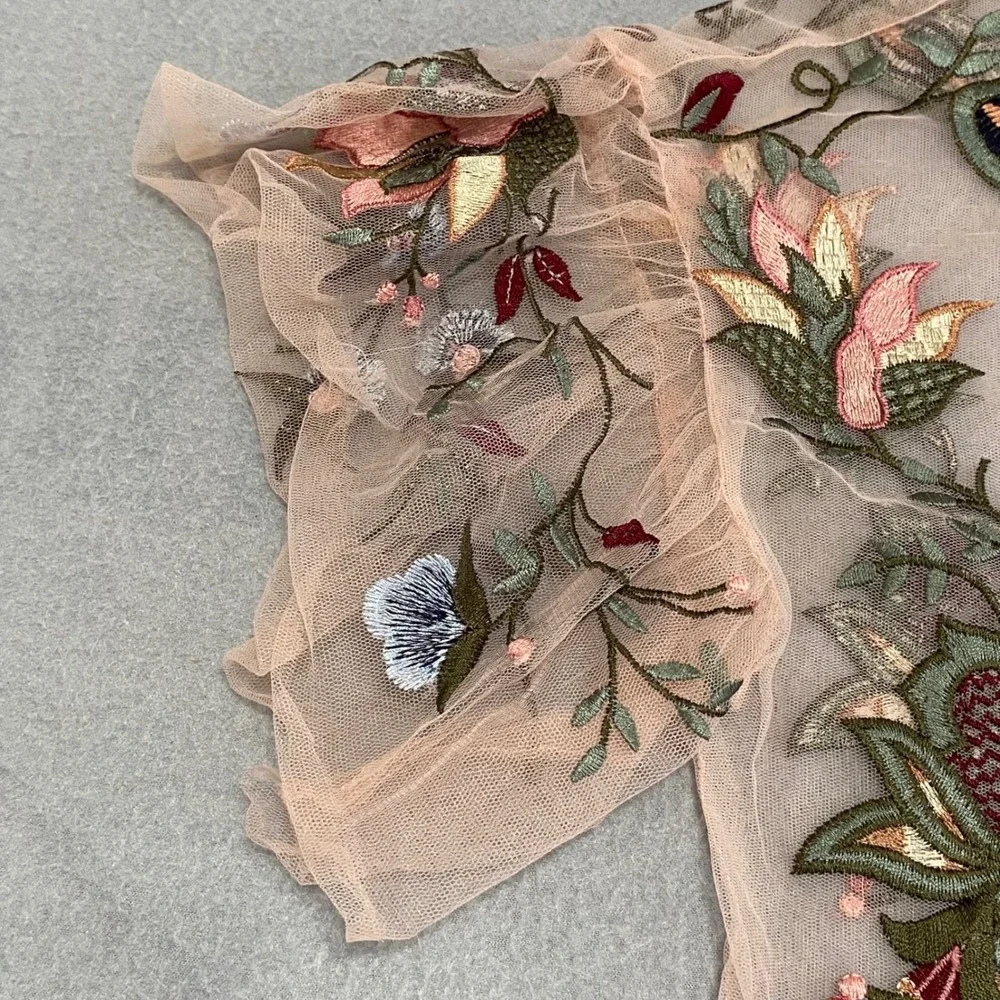 Zara Woman Pink Mesh Floral Embroidered Sheer Short Flutter Sleeve Top Small - Picture 7 of 8